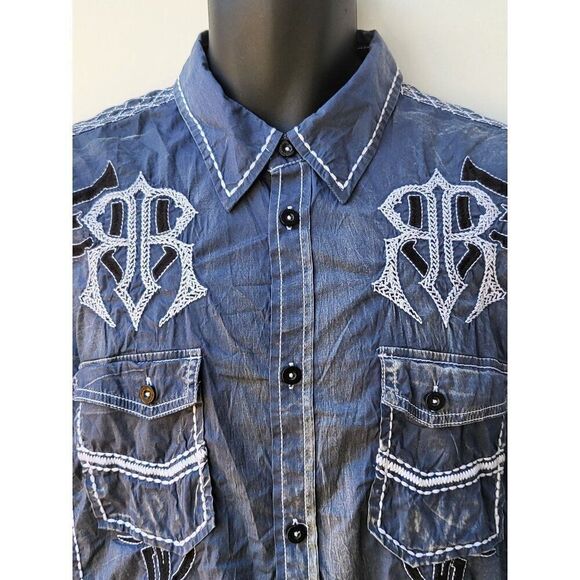 Roar Signature Button Up‎ Shirt Men Sz L Embroidered Blue Designer - Picture 2 of 7